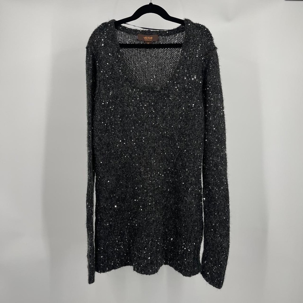 Victor Alfaro Y2K Grunge Sequin Knit Sweater‎ Grey Scoop Neck Lightweight M Cozy